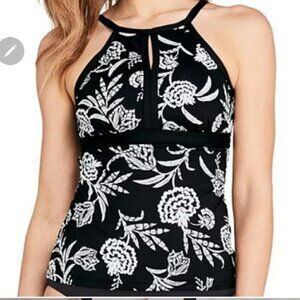 Lands End Black and White Floral Tankini Swimsuit Top
